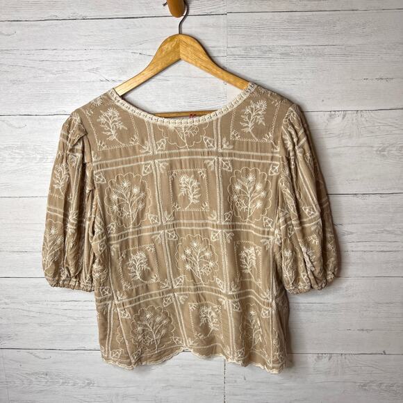 Solitaire Blouse Womens Size Large Beige & Ivory Floral Embroidery Patch Work - Picture 12 of 16